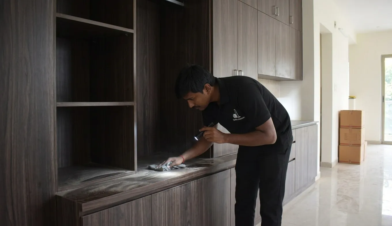 Construction dust removal from wardrobe and kitchen cabinets Construction dust removal from wardrobe and kitchen cabinets